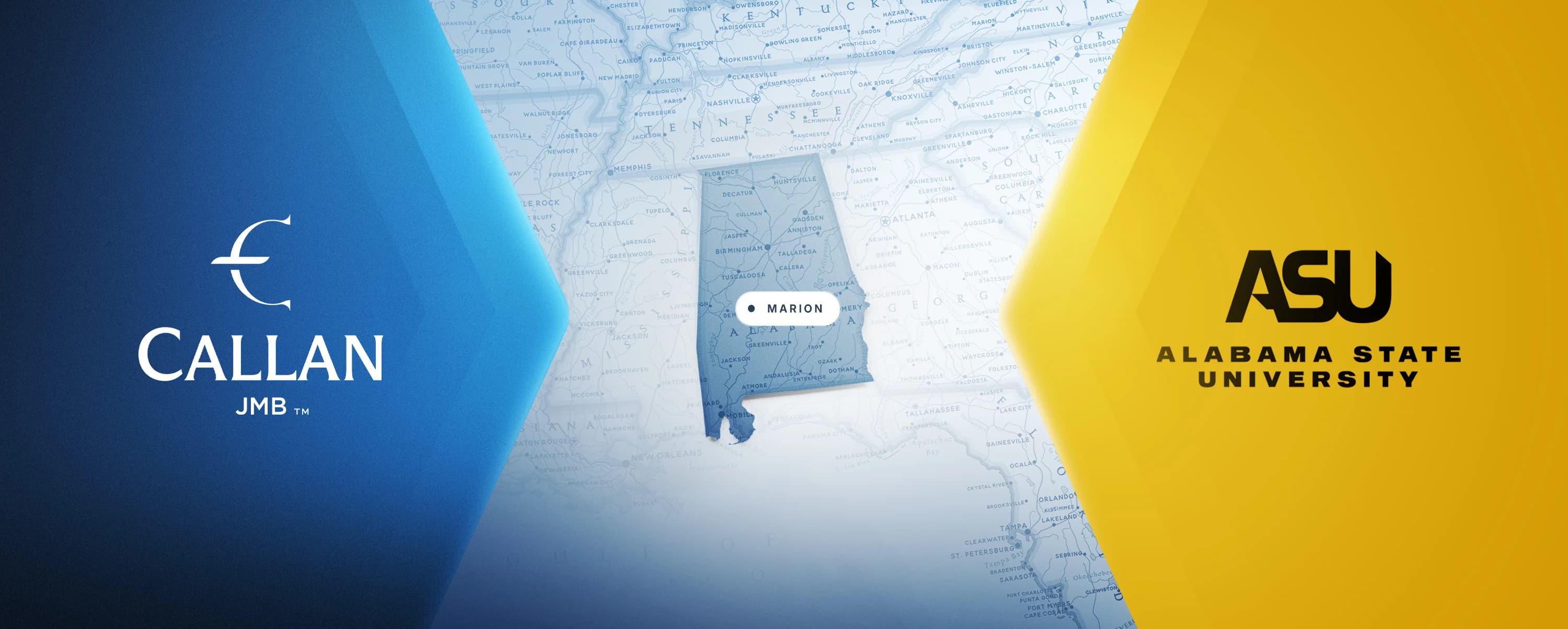 Map highlighting Marion, Alabama between Callan JMB and Alabama State University